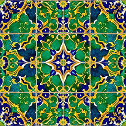 An intricate motif of neo-Moresque faïence, featuring vibrant ceramic tiles with a rich array of geometric patterns and floral designs