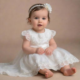 An endearing baby girl sitting and facing the right, attired in a cream-white dress embellished with intricate laces of flowers on the bottom, radiating an aura of pure innocence and delight.