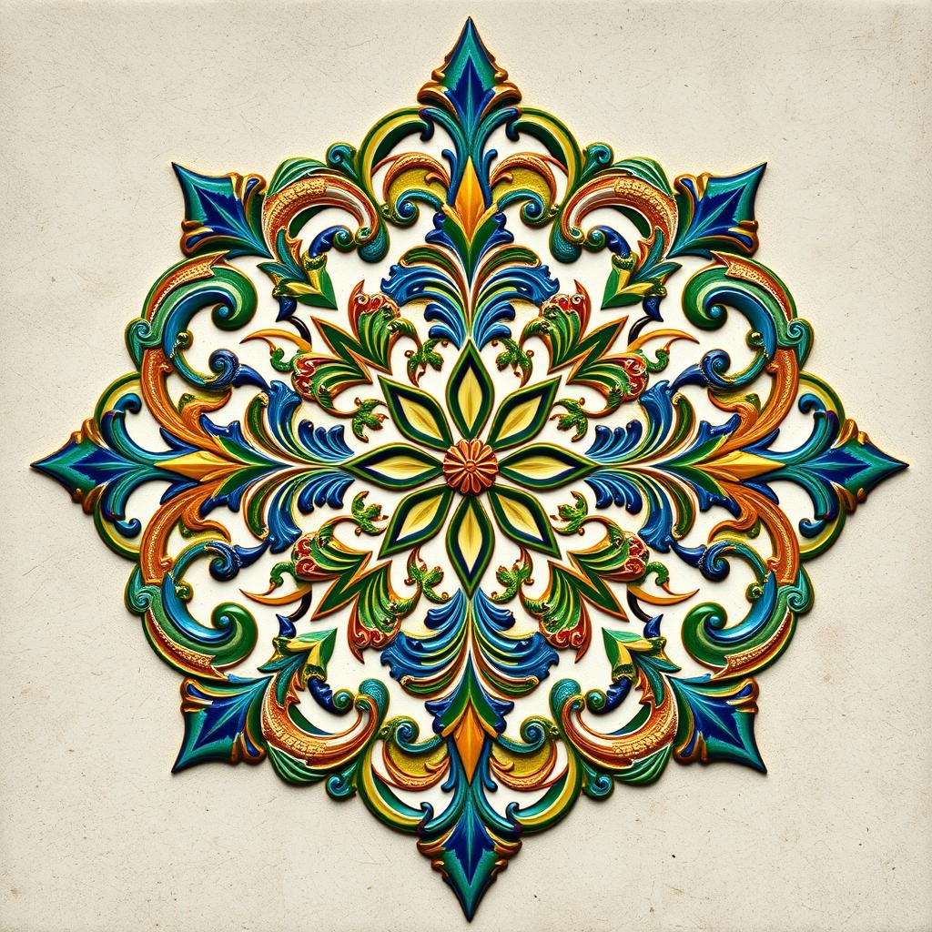 An intricate faience motif inspired by Arabesque design, featuring swirling floral patterns and geometric shapes