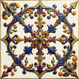 An intricate faience motif inspired by Arabesque design, featuring swirling floral patterns and geometric shapes