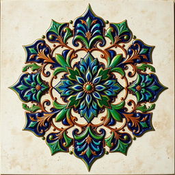 An intricate faience motif inspired by Arabesque design, featuring swirling floral patterns and geometric shapes