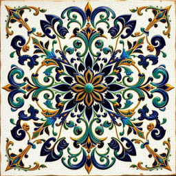 An intricate faience motif inspired by Arabesque design, featuring swirling floral patterns and geometric shapes