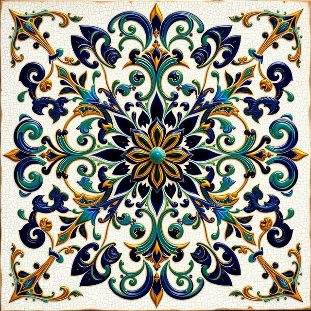 An intricate faience motif inspired by Arabesque design, featuring swirling floral patterns and geometric shapes