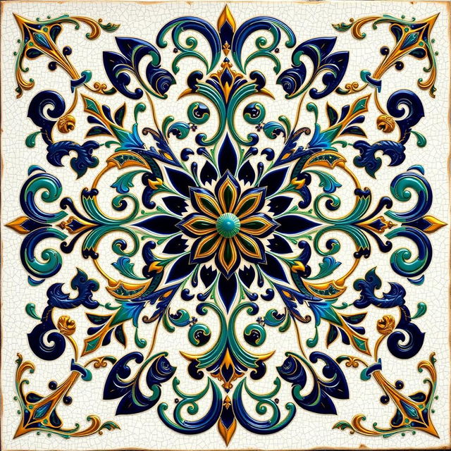 An intricate faience motif inspired by Arabesque design, featuring swirling floral patterns and geometric shapes