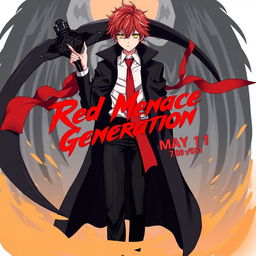 Anime character with striking red and golden hair and piercing yellow eyes, wearing a black long cloak over a crisp white shirt and a bold red tie