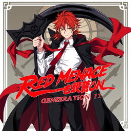 Anime character with striking red and golden hair and piercing yellow eyes, wearing a black long cloak over a crisp white shirt and a bold red tie