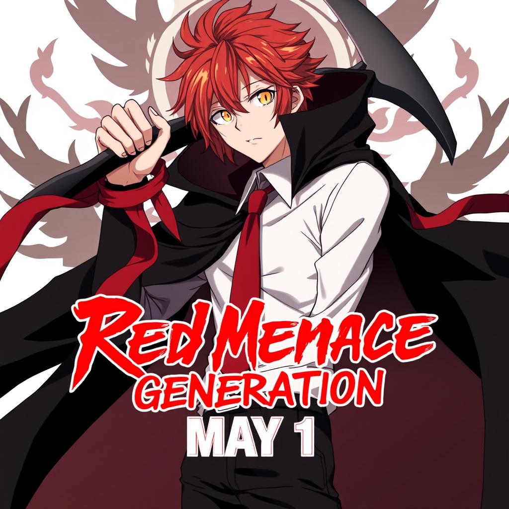 Anime character with striking red and golden hair and piercing yellow eyes, wearing a black long cloak over a crisp white shirt and a bold red tie