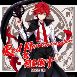 Anime character with striking red and golden hair and piercing yellow eyes, wearing a black long cloak over a crisp white shirt and a bold red tie