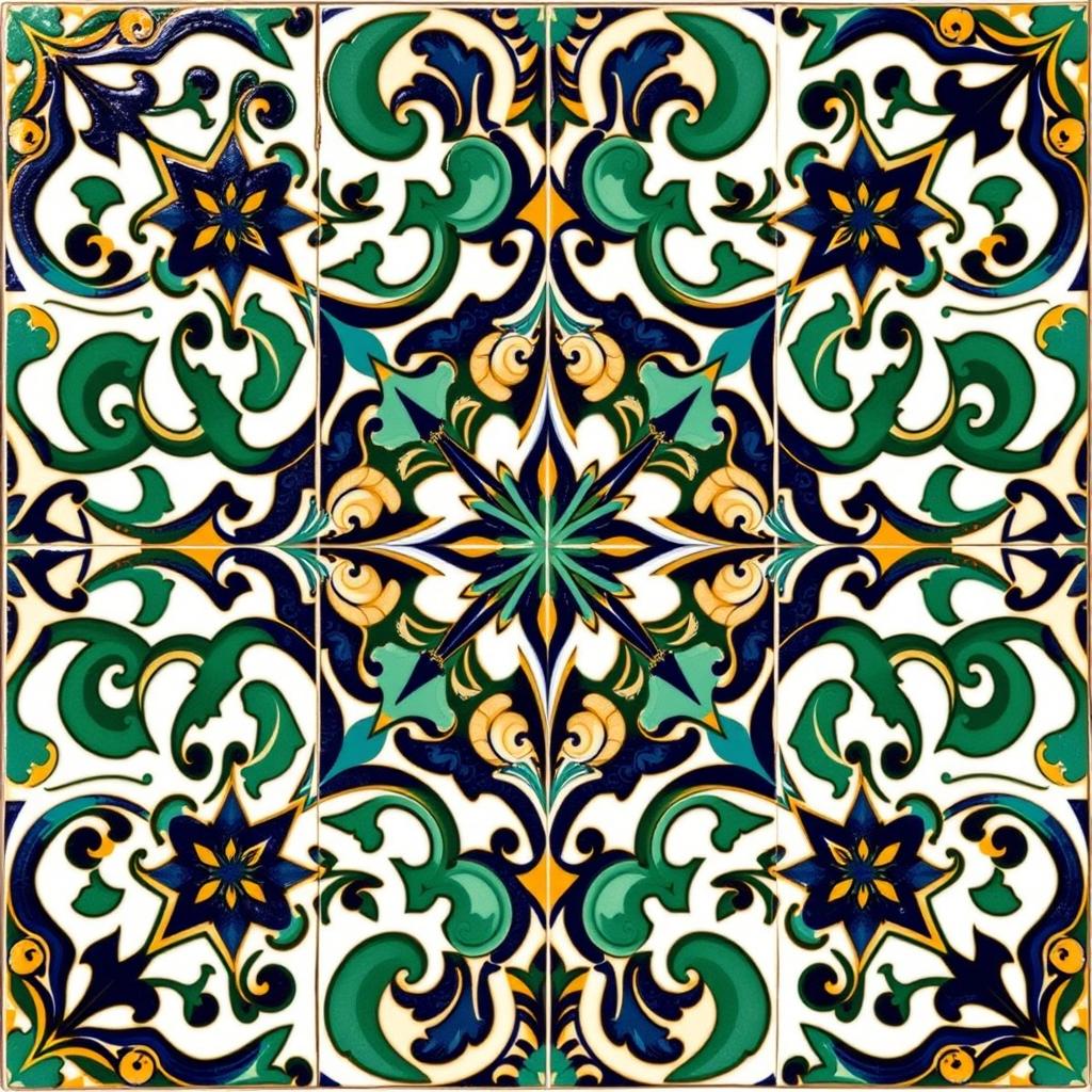 A modern faience motif inspired by Arabesque and Neo-Moorish styles, featuring intricate geometric patterns, flowing lines, and vivid colors typical of traditional Islamic art