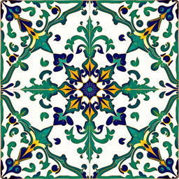 A modern faience motif inspired by Arabesque and Neo-Moorish styles, featuring intricate geometric patterns, flowing lines, and vivid colors typical of traditional Islamic art