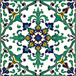 A modern faience motif inspired by Arabesque and Neo-Moorish styles, featuring intricate geometric patterns, flowing lines, and vivid colors typical of traditional Islamic art