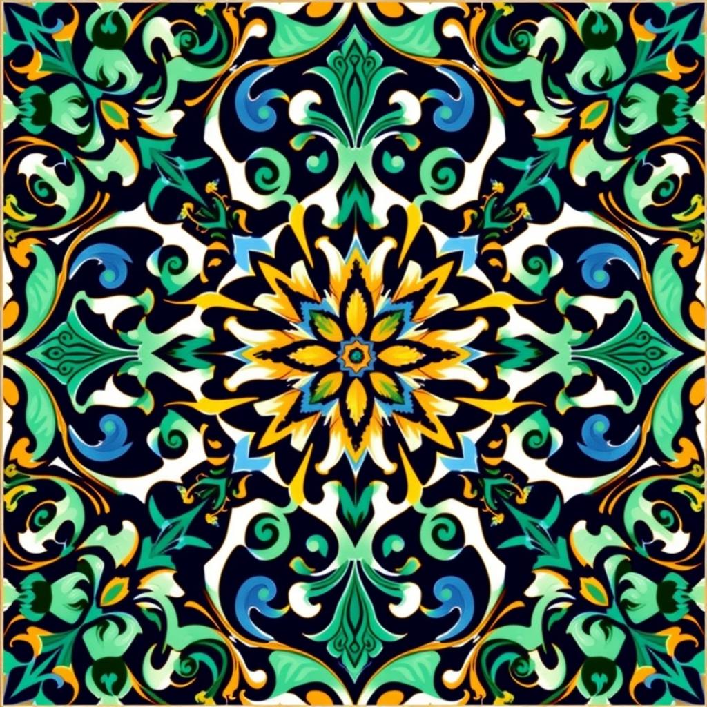 A modern faience motif inspired by Arabesque and Neo-Moorish styles, featuring intricate geometric patterns, flowing lines, and vivid colors typical of traditional Islamic art