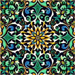 A modern faience motif inspired by Arabesque and Neo-Moorish styles, featuring intricate geometric patterns, flowing lines, and vivid colors typical of traditional Islamic art