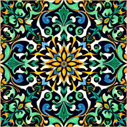 A modern faience motif inspired by Arabesque and Neo-Moorish styles, featuring intricate geometric patterns, flowing lines, and vivid colors typical of traditional Islamic art