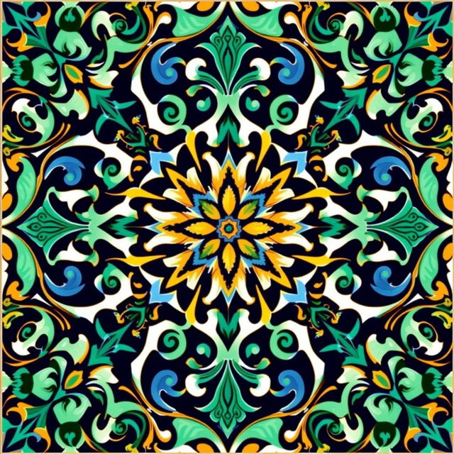 A modern faience motif inspired by Arabesque and Neo-Moorish styles, featuring intricate geometric patterns, flowing lines, and vivid colors typical of traditional Islamic art