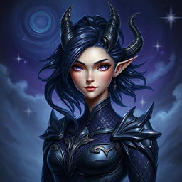 A captivating female half-dragonborn character, featuring a blend of human and dragon traits