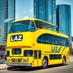 A retrofuturistic yellow two-floor bus with the LAZ car logo prominently displayed on the side, featuring an open top on the second floor