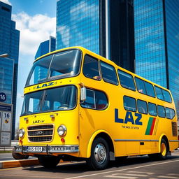 A retrofuturistic yellow two-floor bus with the LAZ car logo prominently displayed on the side, featuring an open top on the second floor