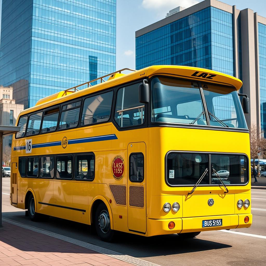 A retrofuturistic yellow two-floor bus with the LAZ car logo prominently displayed on the side, featuring an open top on the second floor