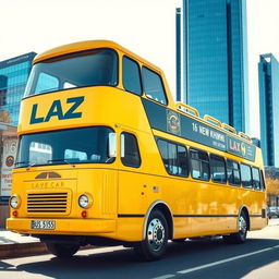 A retrofuturistic yellow two-floor bus with the LAZ car logo prominently displayed on the side, featuring an open top on the second floor