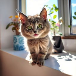 A cute, happy cat with bright green eyes and fluffy gray fur sitting playfully on a sunny windowsill