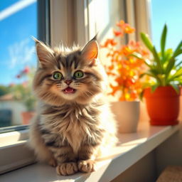 A cute, happy cat with bright green eyes and fluffy gray fur sitting playfully on a sunny windowsill