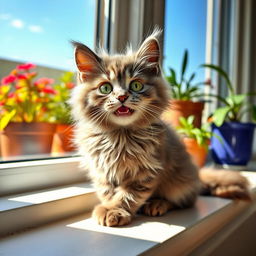 A cute, happy cat with bright green eyes and fluffy gray fur sitting playfully on a sunny windowsill