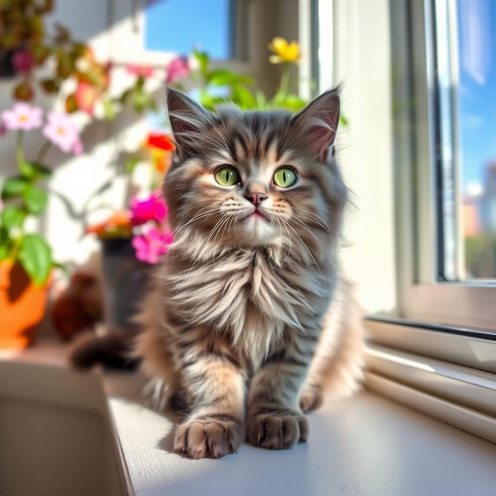 A cute, happy cat with bright green eyes and fluffy gray fur sitting playfully on a sunny windowsill