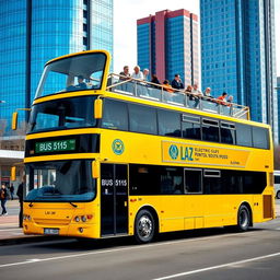 A vibrant yellow two-floor bus with the distinctive LAZ car logo prominently displayed on the side