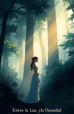 An enchanting illustration for the book titled "Entre la Luz y la Oscuridad", featuring a mystical forest shrouded in fog