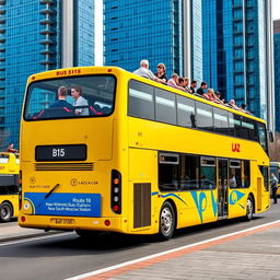 A vibrant yellow two-floor bus with the distinctive LAZ car logo prominently displayed on the side