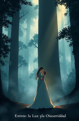 An enchanting illustration for the book titled "Entre la Luz y la Oscuridad", featuring a mystical forest shrouded in fog