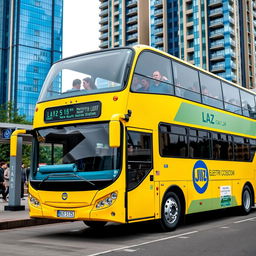 A vibrant yellow two-floor bus with the distinctive LAZ car logo prominently displayed on the side