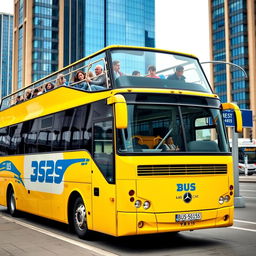 A vibrant yellow two-floor bus with the distinctive LAZ car logo prominently displayed on the side