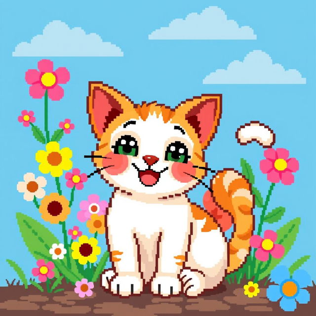 A cute, happy cat depicted in a vibrant pixel art style, featuring large round eyes and a wide smile