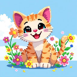 A cute, happy cat depicted in a vibrant pixel art style, featuring large round eyes and a wide smile