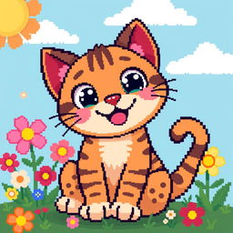 A cute, happy cat depicted in a vibrant pixel art style, featuring large round eyes and a wide smile