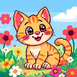 A cute, happy cat depicted in a vibrant pixel art style, featuring large round eyes and a wide smile