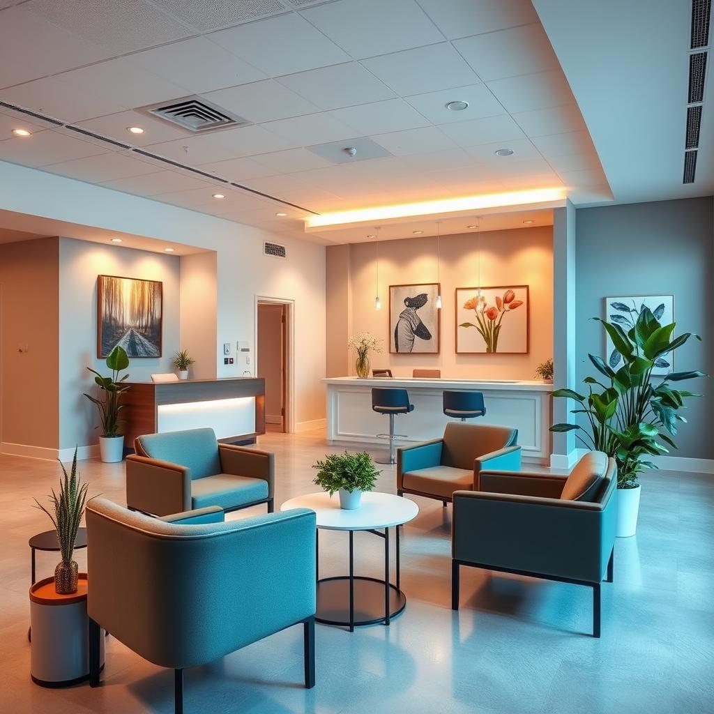 A modern medical office reception area that emphasizes visual harmony, featuring sleek and contemporary furniture, warm lighting, and a calming color palette