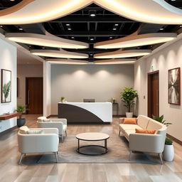 A modern medical office reception area that emphasizes visual harmony, featuring sleek and contemporary furniture, warm lighting, and a calming color palette