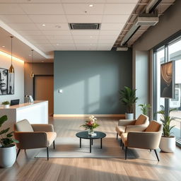 A modern medical office reception area that emphasizes visual harmony, featuring sleek and contemporary furniture, warm lighting, and a calming color palette