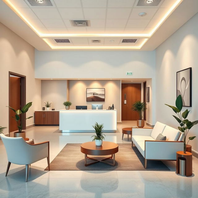 A modern medical office reception area that emphasizes visual harmony, featuring sleek and contemporary furniture, warm lighting, and a calming color palette