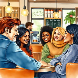 A serene, inviting scene of a diverse group of people engaged in deep conversation in a cozy cafe