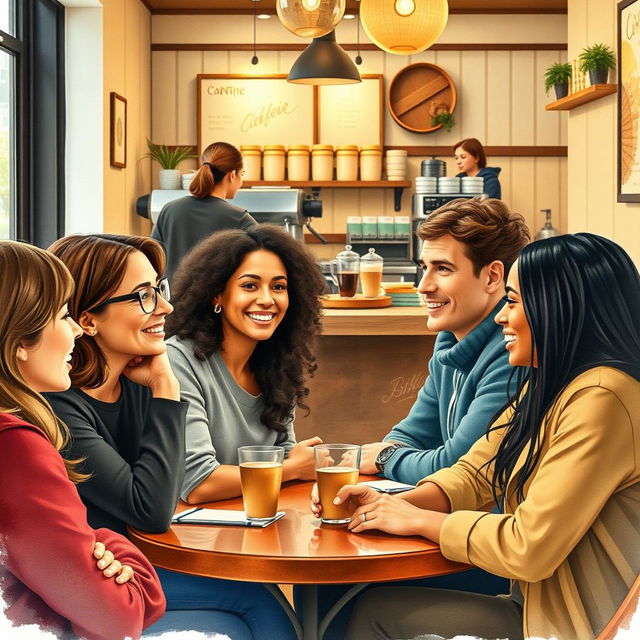 A serene, inviting scene of a diverse group of people engaged in deep conversation in a cozy cafe