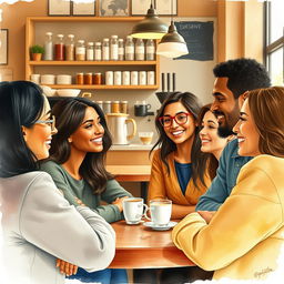 A serene, inviting scene of a diverse group of people engaged in deep conversation in a cozy cafe