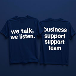 A stylish navy blue t-shirt design featuring bold, modern typography