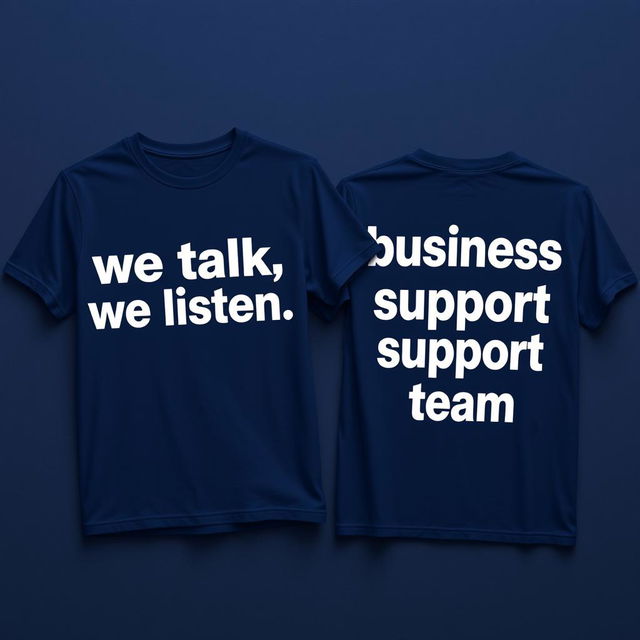 A stylish navy blue t-shirt design featuring bold, modern typography