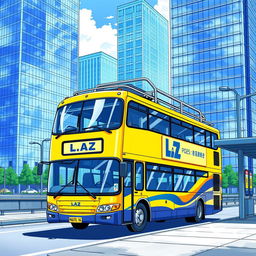 A vibrant anime style illustration featuring a yellow two-floor bus prominently displaying the LAZ manufacturer logo on its side