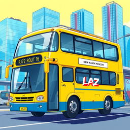 A vibrant anime style illustration featuring a yellow two-floor bus prominently displaying the LAZ manufacturer logo on its side