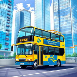 A vibrant anime style illustration featuring a yellow two-floor bus prominently displaying the LAZ manufacturer logo on its side